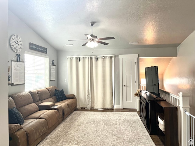 2497 W 500 S Unit 3, Springville, UT 84663 - living room featuring ceiling fan, wood finished floors, lofted ceiling, and a textured ceiling
