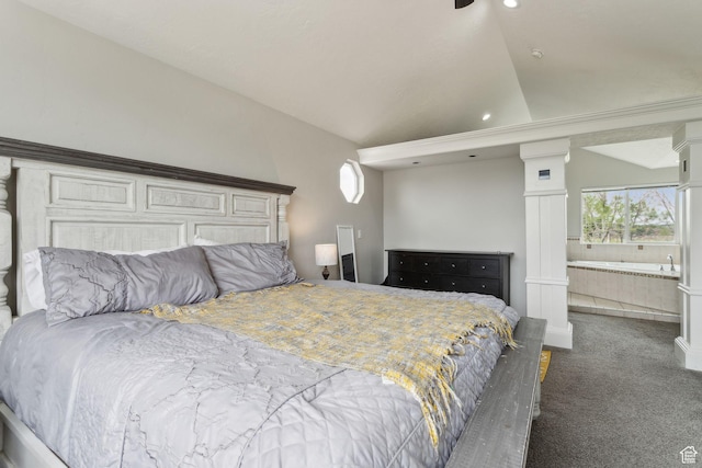 1001 E 1500 N, Layton, UT 84040 - carpeted bedroom with multiple windows, vaulted ceiling, ensuite bathroom, and decorative columns
