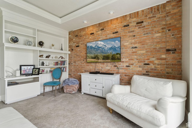 1001 E 1500 N, Layton, UT 84040 - living area featuring carpet flooring, brick wall, built in features, and ornamental molding