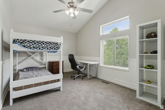 1001 E 1500 N, Layton, UT 84040 - carpeted bedroom featuring wainscoting, high vaulted ceiling, and ceiling fan