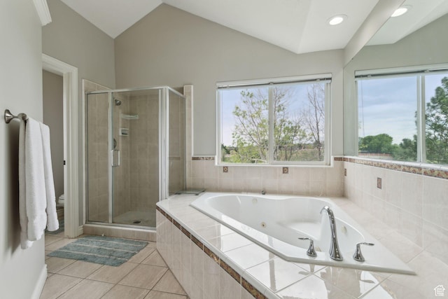1001 E 1500 N, Layton, UT 84040 - bathroom featuring a stall shower, a whirlpool tub, tile patterned flooring, toilet, and lofted ceiling