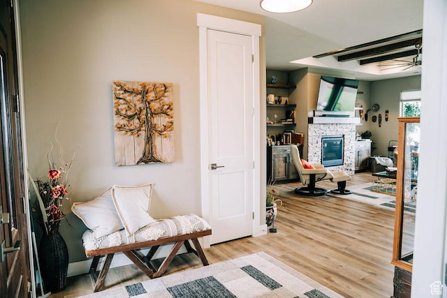 2366 W 3750 N, Cedar City, UT 84721 - living area featuring light wood-style floors, a fireplace, and ceiling fan