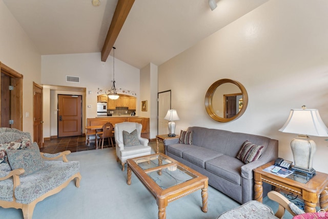 840 Bigler Ln Unit 3031, Midway, UT 84049 - living area with beamed ceiling, high vaulted ceiling, and carpet flooring