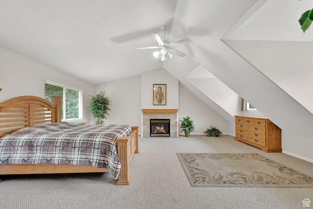 1076 E Creekside, Ogden, UT 84404 - carpeted bedroom with lofted ceiling, a ceiling fan, and a fireplace