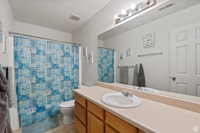 1298 S 1410 E, Provo, UT 84606 - bathroom featuring toilet, vanity, tile patterned flooring, a textured ceiling, and a shower with shower curtain