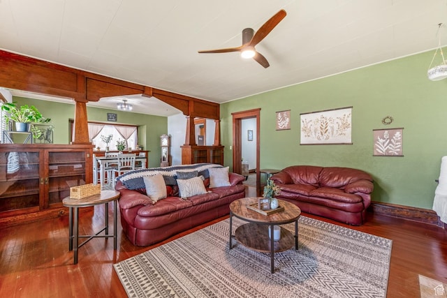 212 E 100 S, Payson, UT 84651 - living room featuring a ceiling fan, wood finished floors, decorative columns, and baseboards