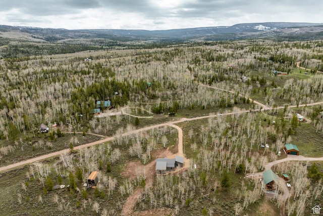 view of property location with a heavily wooded area and a mountain backdrop