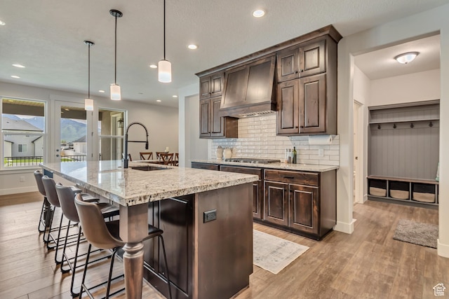 487 W 500 N, Mapleton, UT 84664 - kitchen with premium range hood, a sink, light wood-type flooring, dark brown cabinetry, and tasteful backsplash