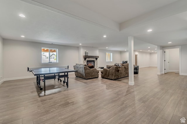 487 W 500 N, Mapleton, UT 84664 - game room with light wood-type flooring, baseboards, recessed lighting, and a fireplace