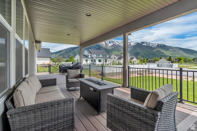 487 W 500 N, Mapleton, UT 84664 - wooden deck featuring a mountain view, an outdoor living space with a fire pit, and a residential view