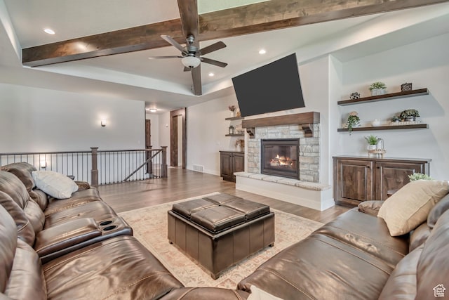 487 W 500 N, Mapleton, UT 84664 - living area featuring beamed ceiling, wood finished floors, ceiling fan, recessed lighting, and a stone fireplace
