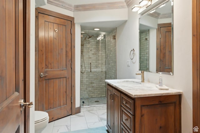 full bathroom featuring a shower stall, marble look tile flooring, toilet, vanity, and ornamental molding