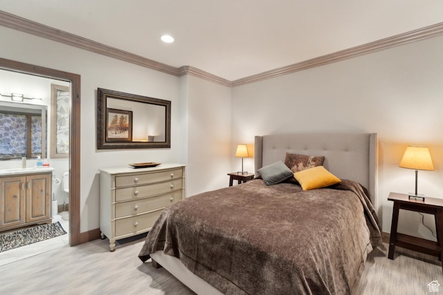 bedroom with crown molding, baseboards, recessed lighting, connected bathroom, and light wood-type flooring
