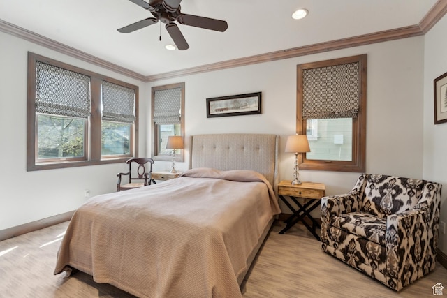 bedroom with crown molding, recessed lighting, light wood finished floors, baseboards, and ceiling fan