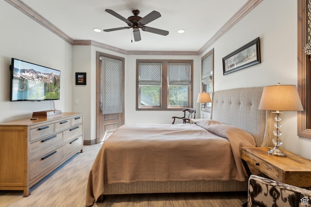 bedroom with light wood finished floors, crown molding, recessed lighting, baseboards, and access to outside