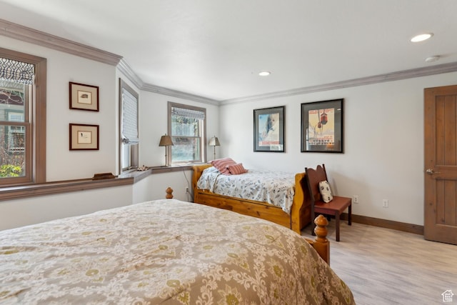 bedroom featuring ornamental molding, baseboards, recessed lighting, and light wood-type flooring