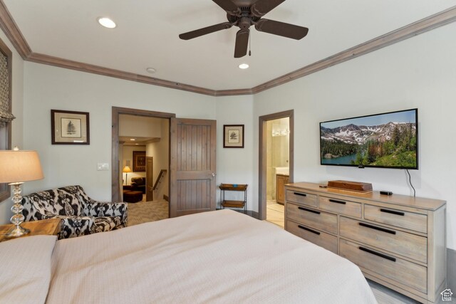 bedroom featuring ornamental molding, connected bathroom, recessed lighting, and a ceiling fan