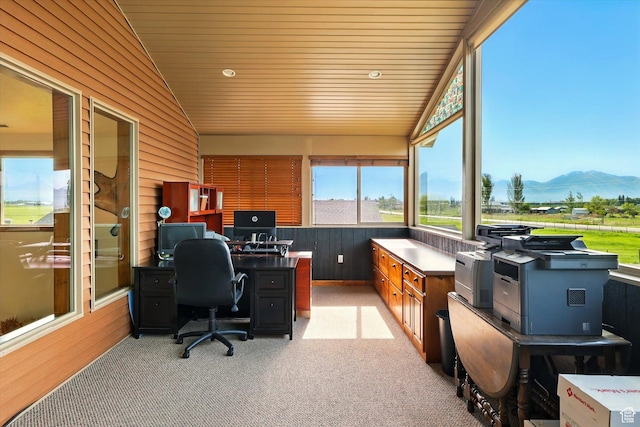 3703 W 600 S, Logan, UT 84321 - home office with vaulted ceiling, light colored carpet, wooden walls, and wood ceiling