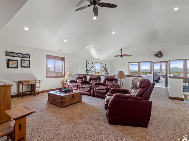 3703 W 600 S, Logan, UT 84321 - carpeted living area with a ceiling fan, lofted ceiling, recessed lighting, and baseboards
