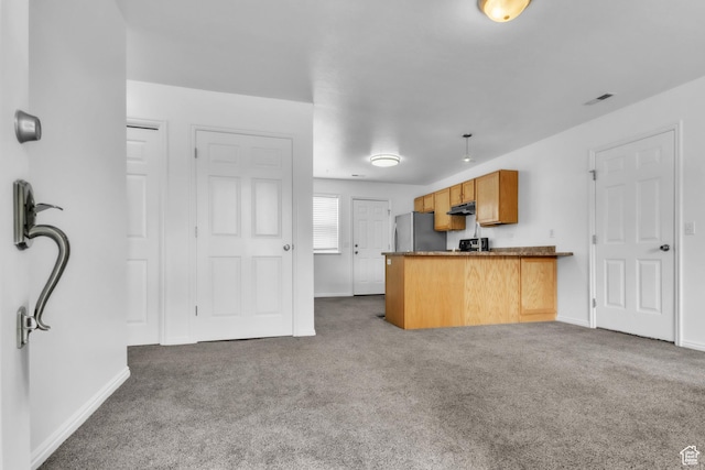 876 S Park Ave, Logan, UT 84321 - kitchen featuring freestanding refrigerator, carpet flooring, under cabinet range hood, dark countertops, and baseboards