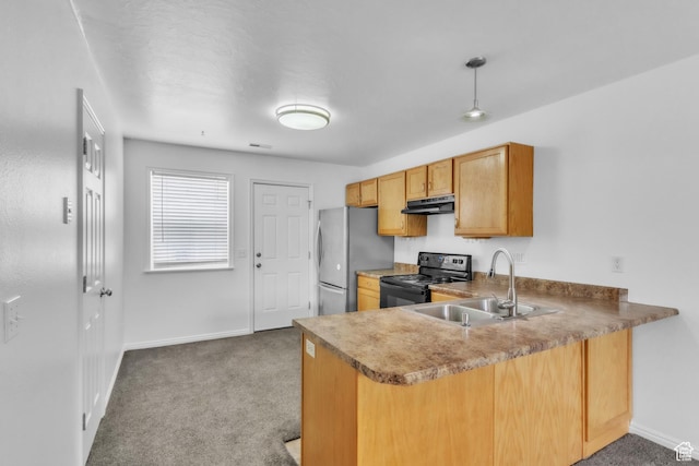 876 S Park Ave, Logan, UT 84321 - kitchen with black electric range oven, under cabinet range hood, freestanding refrigerator, a sink, and light colored carpet