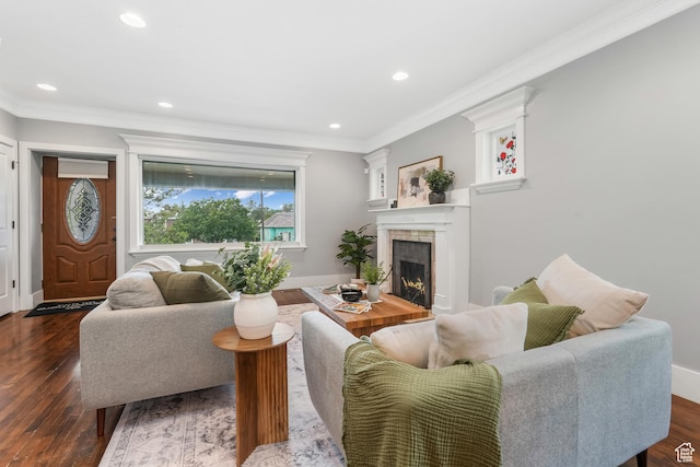 225 S 900 E, Salt Lake City, UT 84102 - living area featuring a tiled fireplace, crown molding, recessed lighting, dark wood-style flooring, and baseboards
