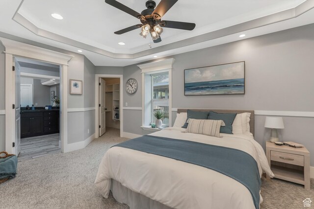 225 S 900 E, Salt Lake City, UT 84102 - bedroom featuring light carpet, a raised ceiling, recessed lighting, a spacious closet, and ensuite bathroom
