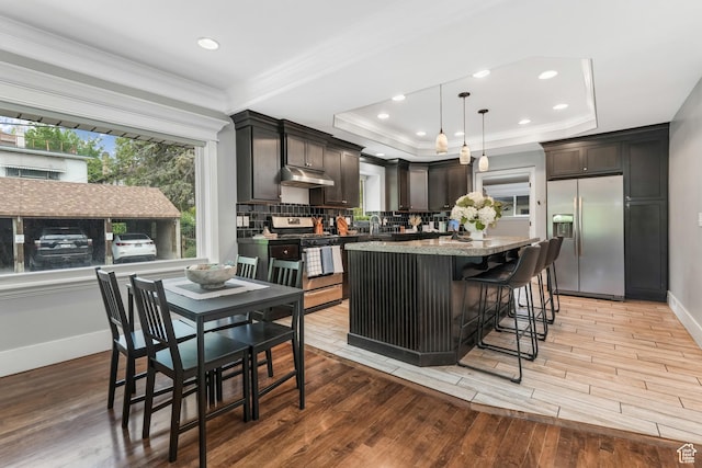225 S 900 E, Salt Lake City, UT 84102 - kitchen with appliances with stainless steel finishes, under cabinet range hood, crown molding, a raised ceiling, and a kitchen island
