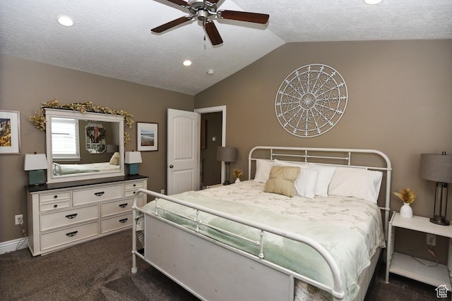 bedroom featuring dark colored carpet, lofted ceiling, ceiling fan, recessed lighting, and a textured ceiling