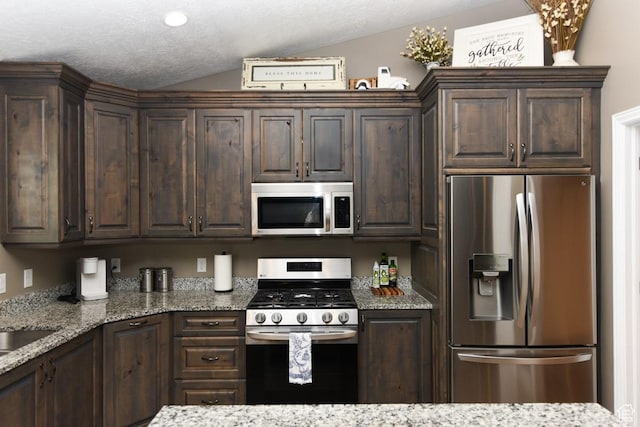 kitchen with stainless steel appliances, dark brown cabinetry, vaulted ceiling, and light stone counters