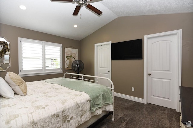 bedroom with lofted ceiling, dark carpet, recessed lighting, baseboards, and ceiling fan
