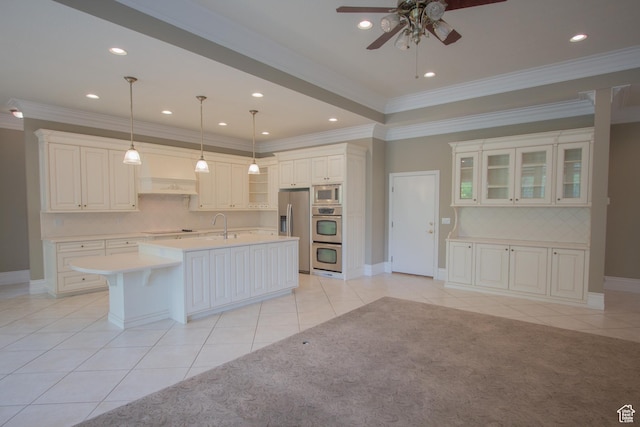 1315 E 1550 N, North Logan, UT 84341 - kitchen with stainless steel appliances, a ceiling fan, light tile patterned flooring, light countertops, and crown molding