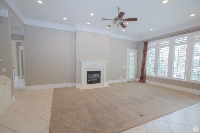 1315 E 1550 N, North Logan, UT 84341 - unfurnished living room with light carpet, light tile patterned flooring, ceiling fan, crown molding, and recessed lighting