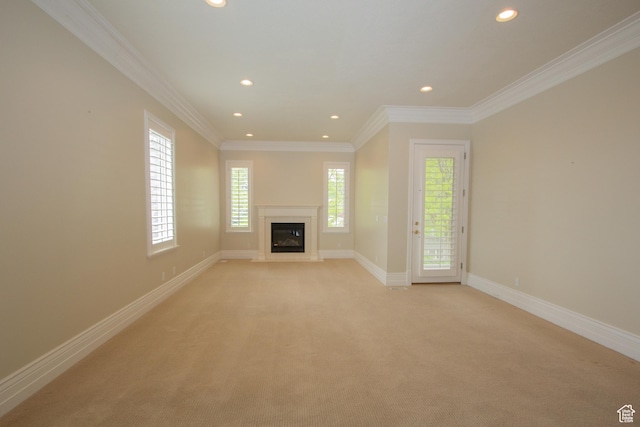 1315 E 1550 N, North Logan, UT 84341 - unfurnished living room featuring recessed lighting, light colored carpet, a premium fireplace, baseboards, and ornamental molding