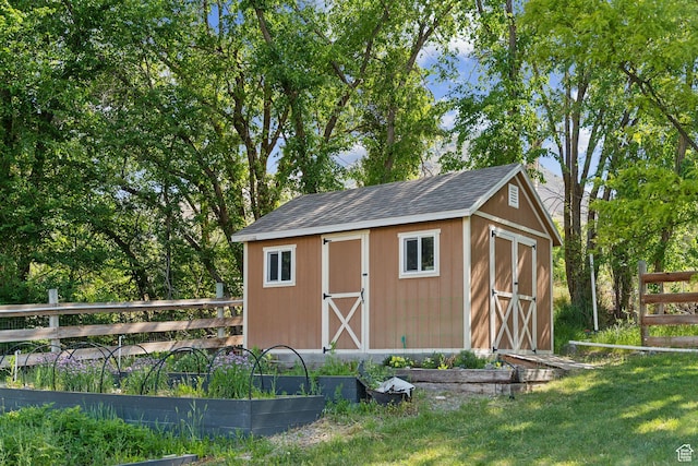 view of shed with a vegetable garden
