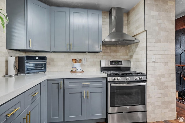 1414 N 325 E, Bountiful, UT 84010 - kitchen with gas stove, wall chimney exhaust hood, light countertops, and decorative backsplash
