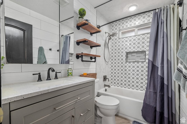 1414 N 325 E, Bountiful, UT 84010 - bathroom featuring shower / bath combo, vanity, toilet, and decorative backsplash