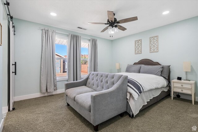 851 E Posado St, Ivins, UT 84738 - carpeted bedroom with recessed lighting, a barn door, baseboards, and a ceiling fan