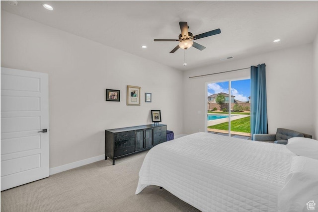 2938 S Poplar Ln, St George, UT 84790 - bedroom with access to exterior, light colored carpet, recessed lighting, baseboards, and a ceiling fan
