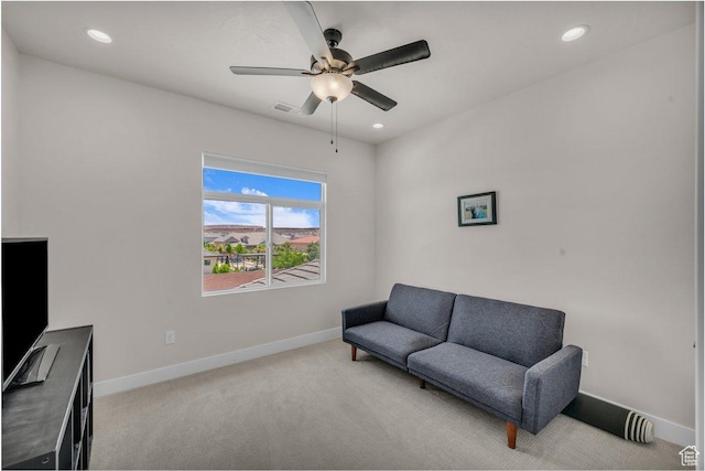 2938 S Poplar Ln, St George, UT 84790 - sitting room featuring ceiling fan, carpet flooring, baseboards, and recessed lighting