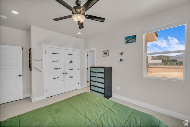 2938 S Poplar Ln, St George, UT 84790 - bedroom featuring light colored carpet, baseboards, a ceiling fan, and recessed lighting
