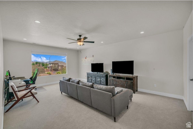 2938 S Poplar Ln, St George, UT 84790 - living room featuring light colored carpet, baseboards, a ceiling fan, and recessed lighting