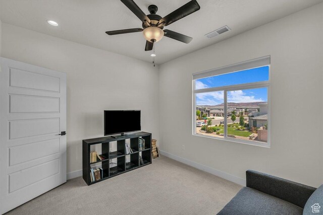 2938 S Poplar Ln, St George, UT 84790 - sitting room with ceiling fan, baseboards, carpet flooring, and recessed lighting