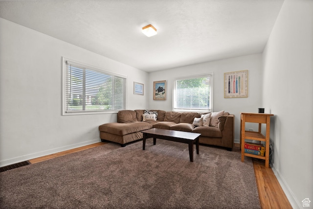 living room featuring healthy amount of natural light, light wood-type flooring, and baseboards