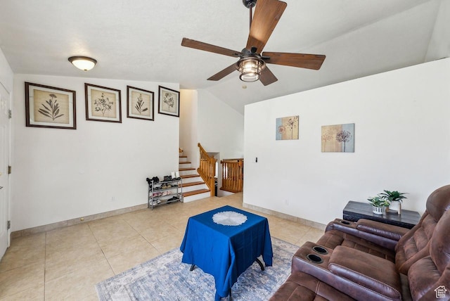 1447 E 230 S, Spanish Fork, UT 84660 - sitting room with stairway, ceiling fan, vaulted ceiling, light tile patterned floors, and baseboards