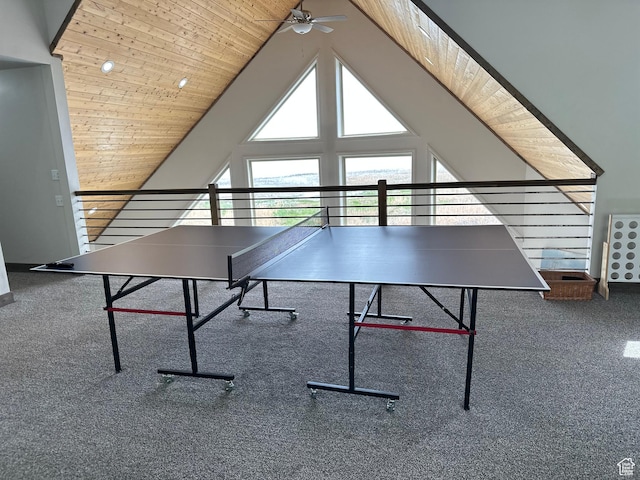 2500 N Bear Lake Blvd, Garden City, UT 84028 - recreation room with a ceiling fan, wood ceiling, carpet flooring, and vaulted ceiling