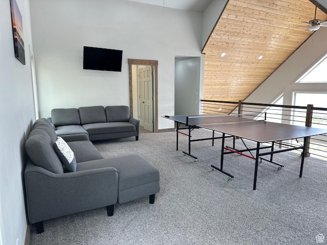 2500 N Bear Lake Blvd, Garden City, UT 84028 - playroom featuring a ceiling fan, carpet floors, a towering ceiling, wood ceiling, and baseboards