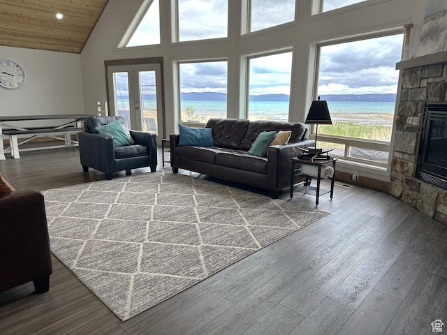 2500 N Bear Lake Blvd, Garden City, UT 84028 - living area featuring a fireplace, high vaulted ceiling, a water view, and wood finished floors