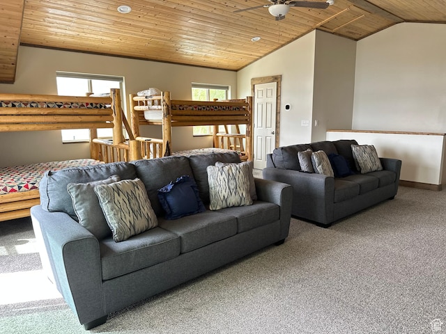 2500 N Bear Lake Blvd, Garden City, UT 84028 - living room with carpet, wood ceiling, a ceiling fan, and vaulted ceiling