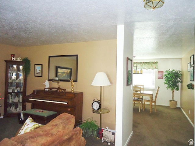 living area featuring baseboards, a textured ceiling, and carpet flooring